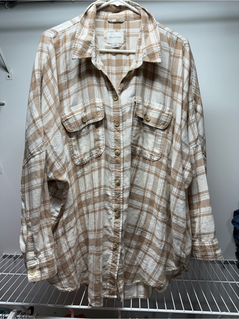 American Eagle Plaid Button-Up Shirt — Cream & Tan